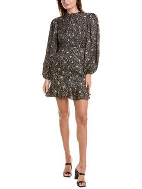 En Saison Ambretta Black Floral Puff-Sleeve Ruffle-Hem Mini Dress